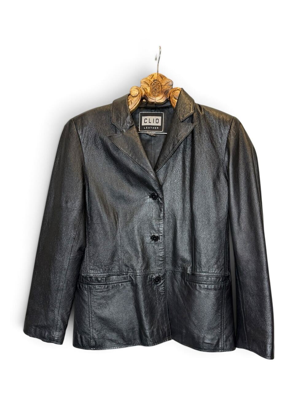 Clio 100% Leather Jacket Button Front Retro 90's Blazer Black Medium